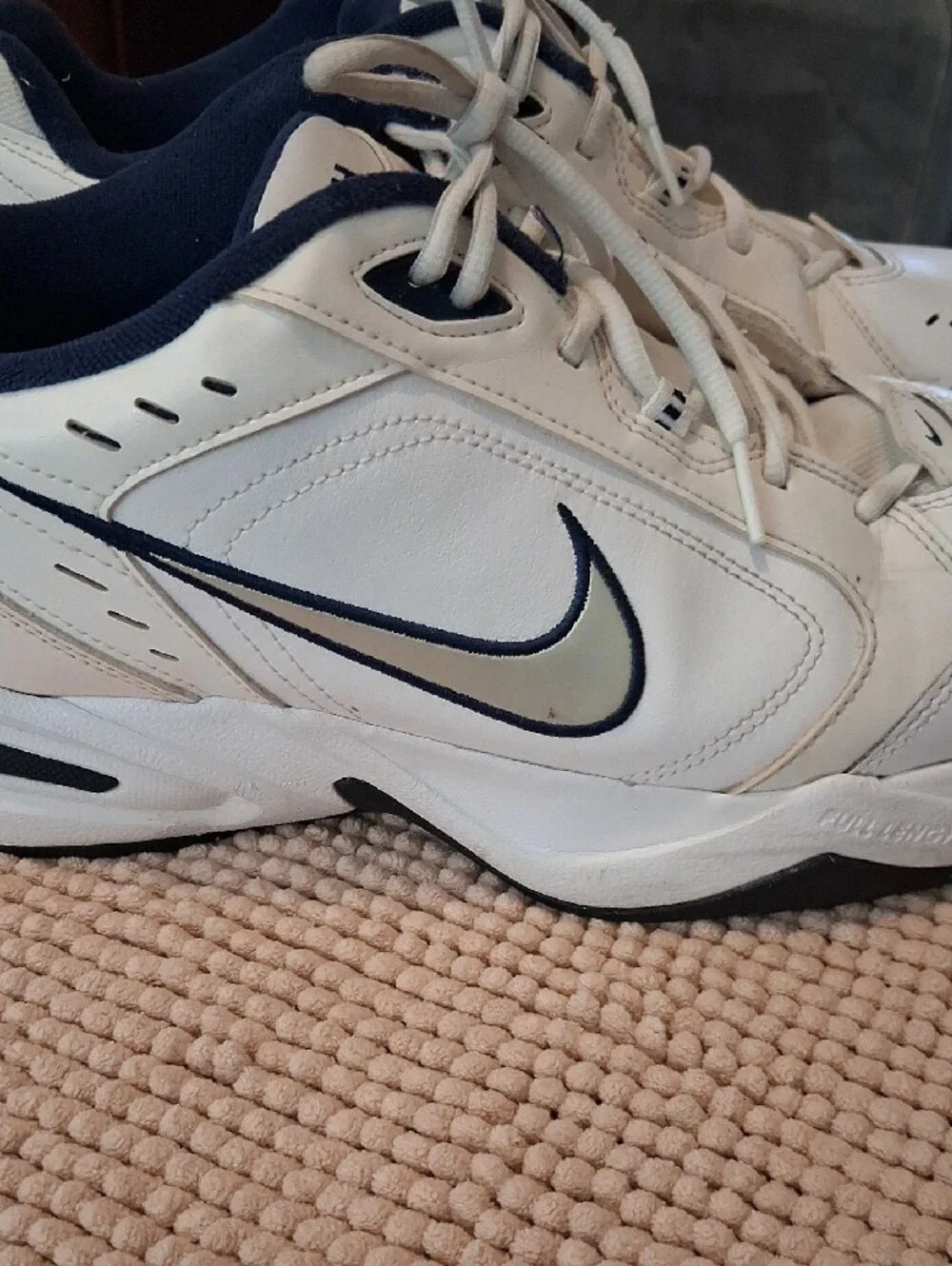 Nike White and Navy Air Monarch Low-Top Sneakers